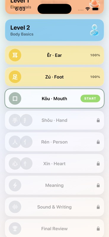 Radical Trainer lesson path showing Level 2 lessons and a start button for Kǒu.